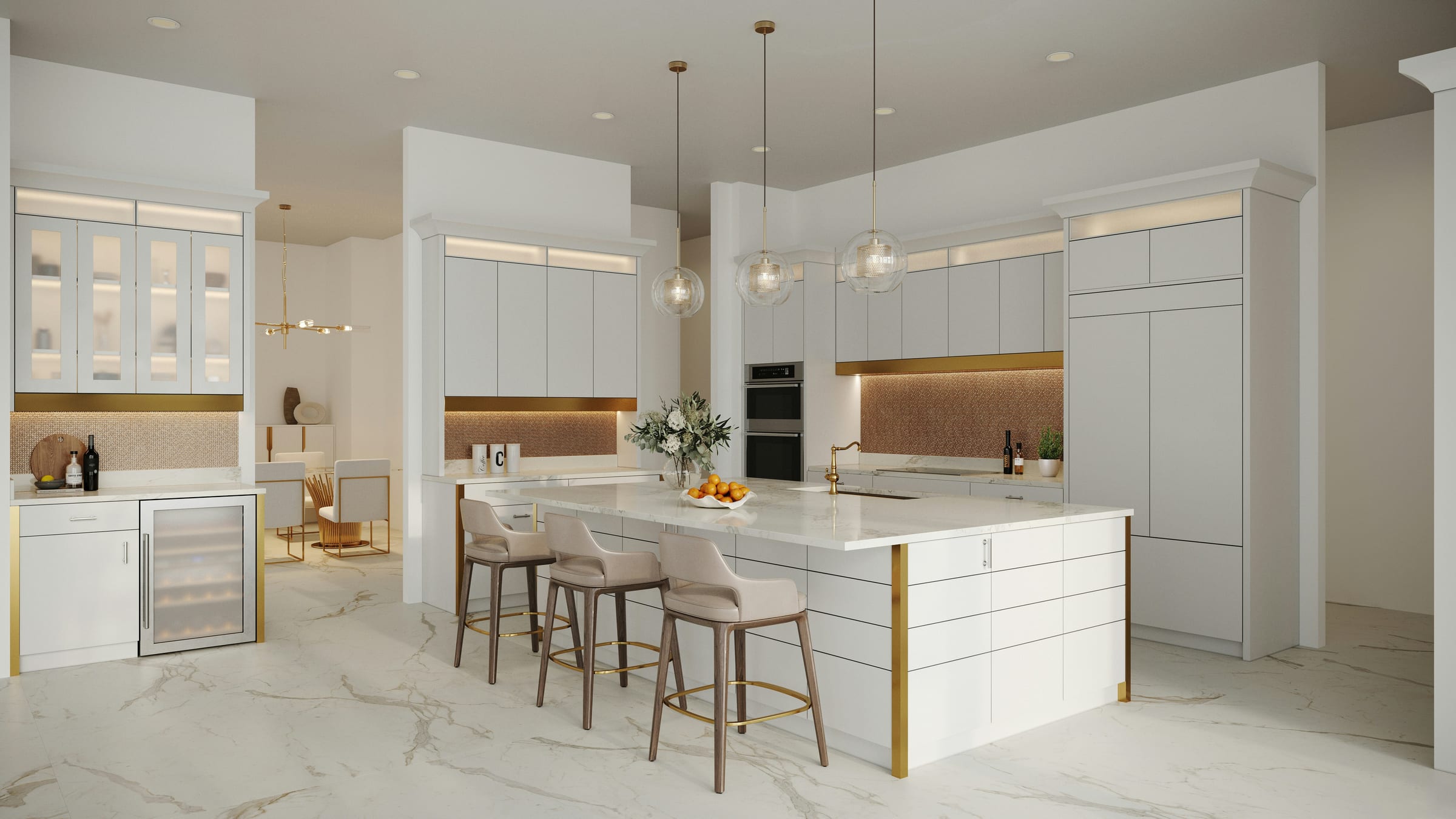 Newly developed luxury residential kitchen with marble counters, white cabinetry, and integrated appliances